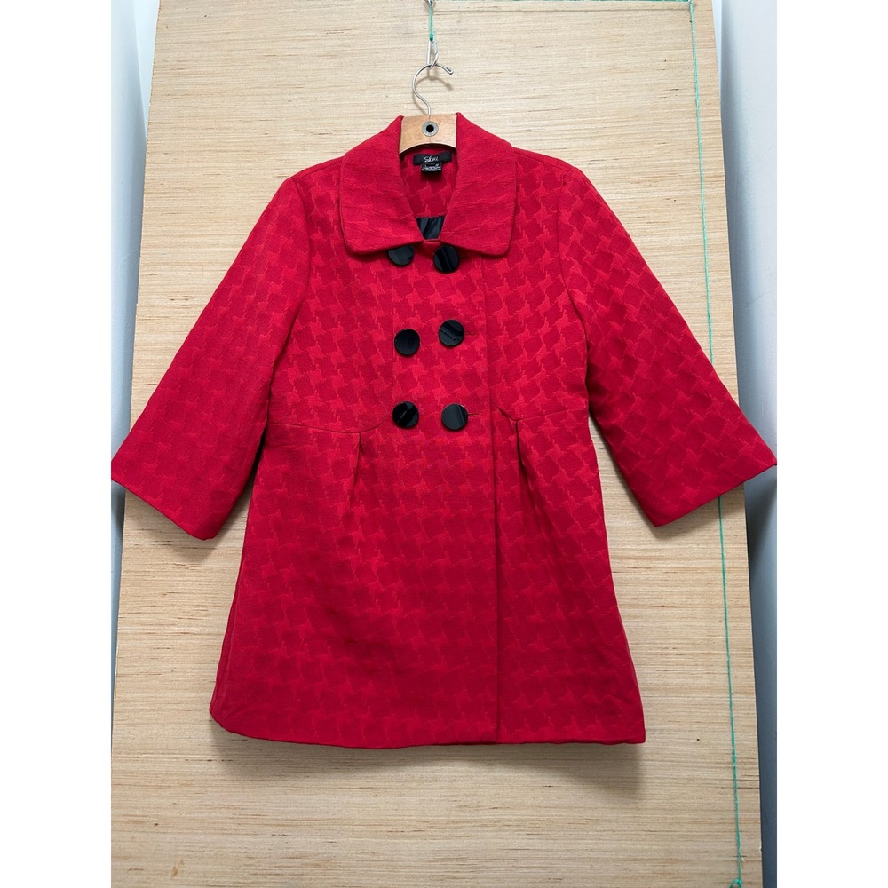 Luii Red Houndstooth Textured‎ Double Breasted Pea Coat Womens Size M 3/4 Sleeve